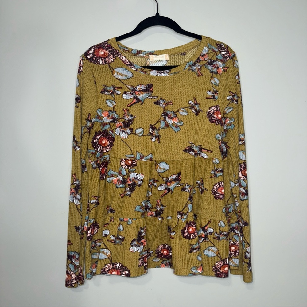 Altard State Womens Large Floral Waffle Knit Tiered Babydoll Thermal Top Mustard